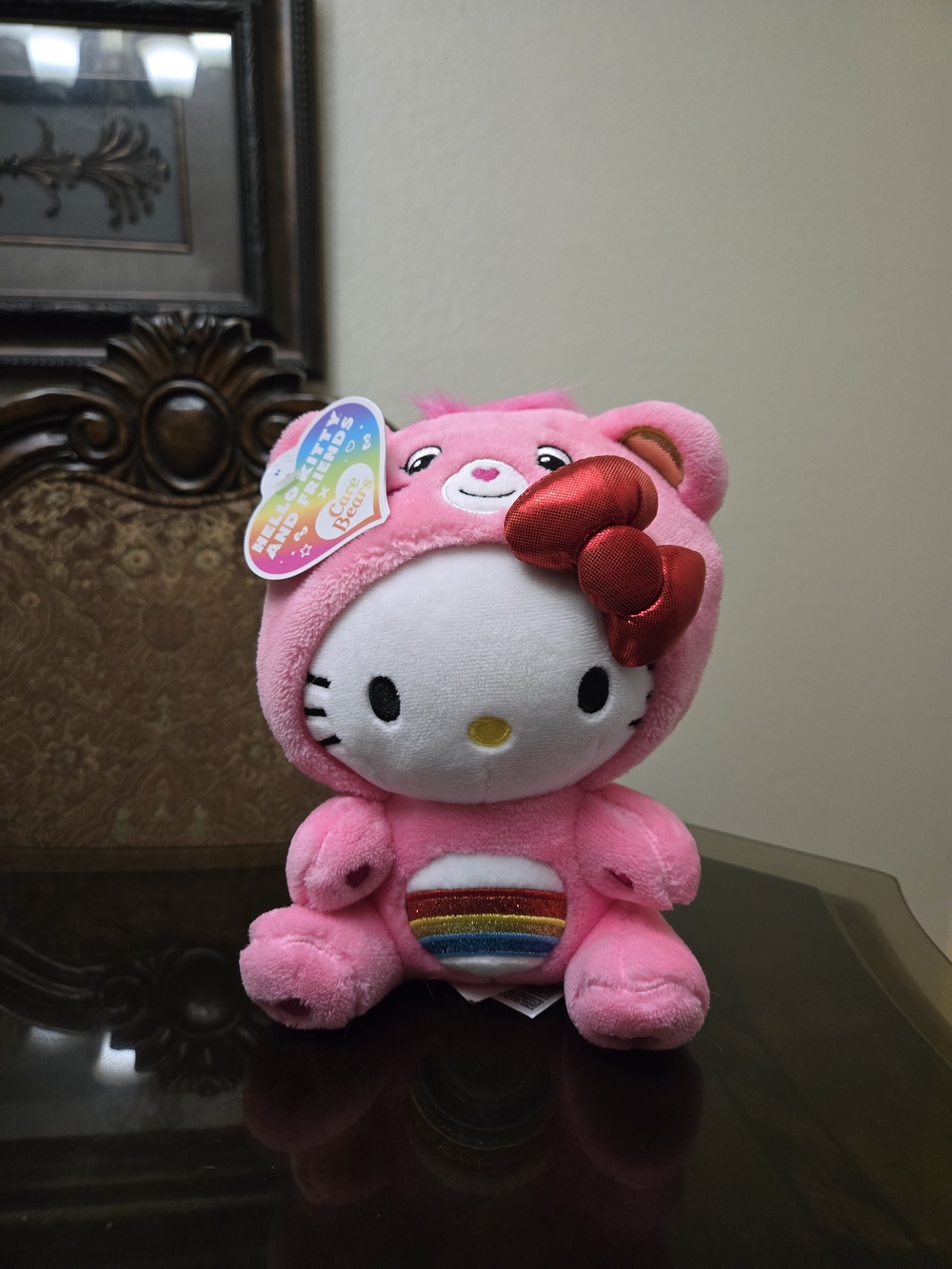 Hello Kitty Plush in Pink Bear Outfit with Red Satin Bow and Rainbow Patch